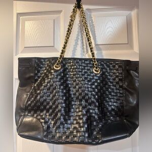 Joan Rivers Black Woven Shoulder Bag with Gold Chain